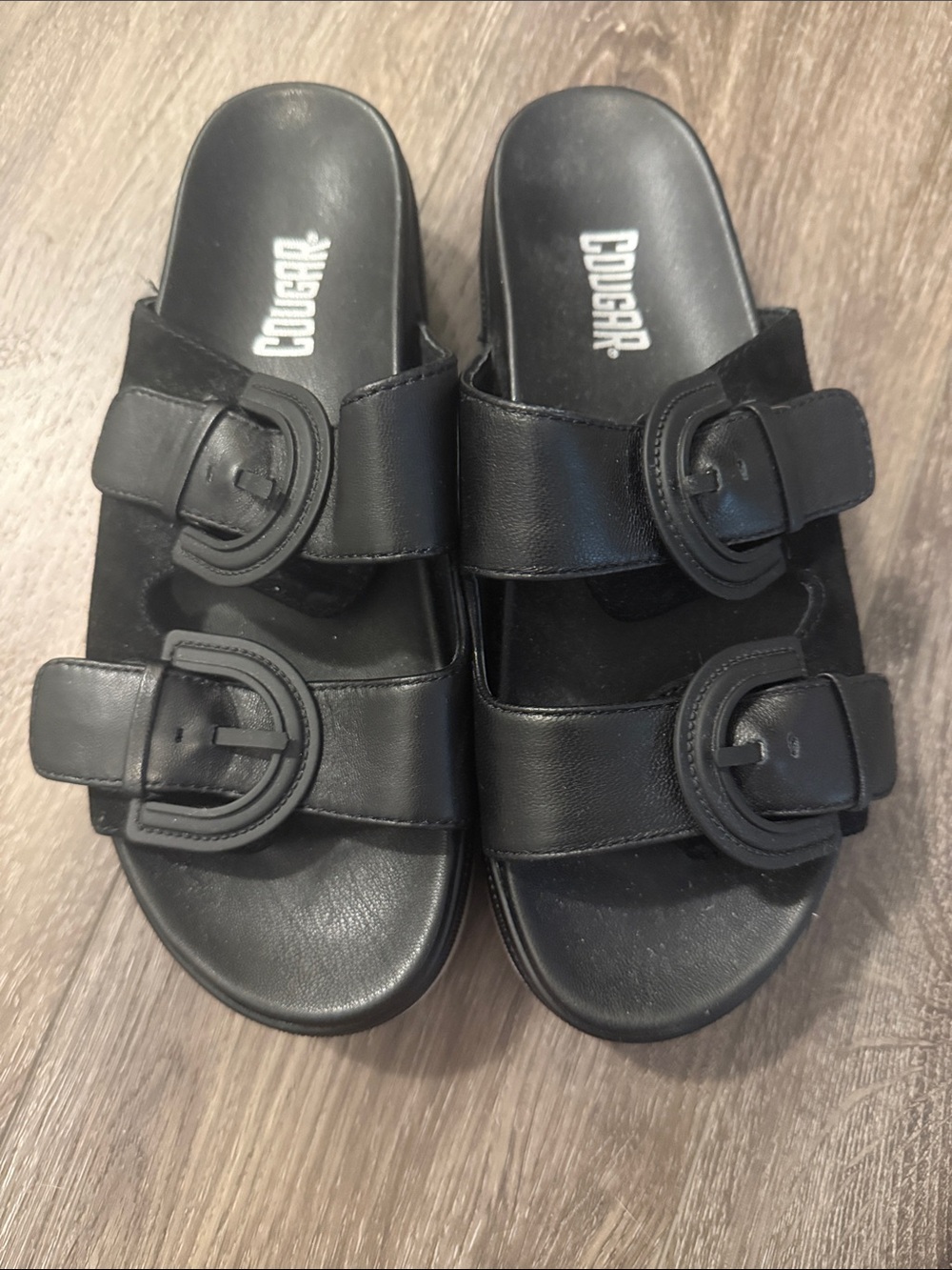 Cougar Black Double-Strap Buckle Pepa Slide Sandals NWOT, size 8